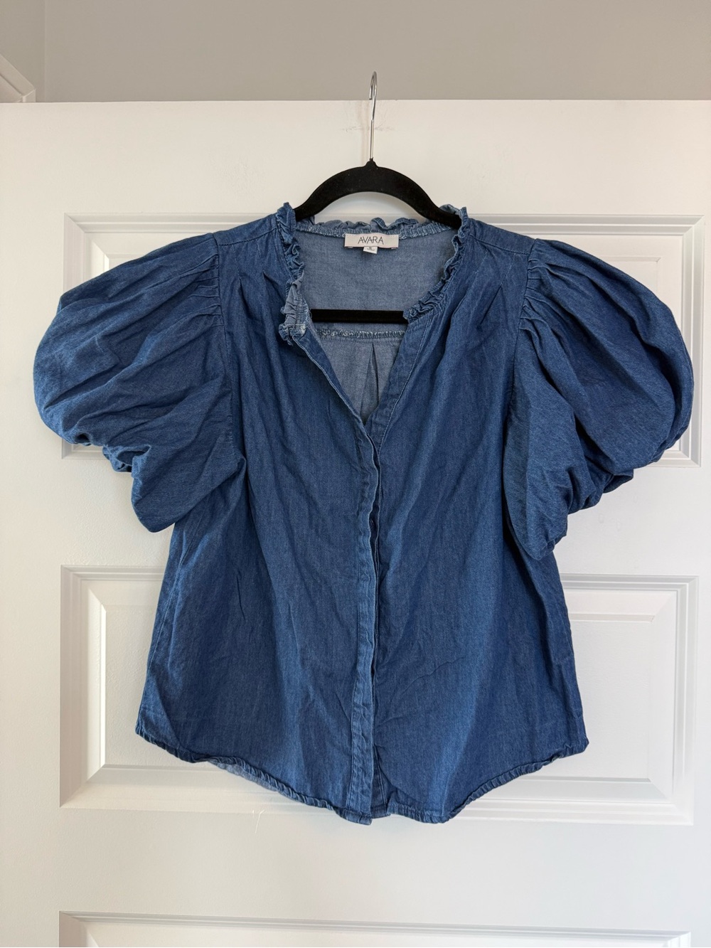 AVARA Denim Puff Sleeve Button Down Blouse